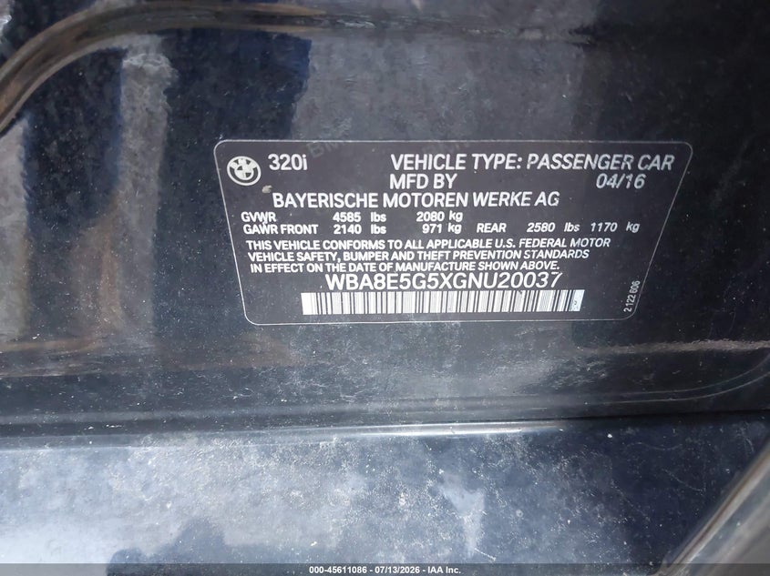 2016 BMW 3er VIN WBA8E5G5XGNU20037 IAAI salvage auction — LEFT FRONT, Salvage (Pennsylvania), sold $1,600 on 2026-07-18 (photo 9)