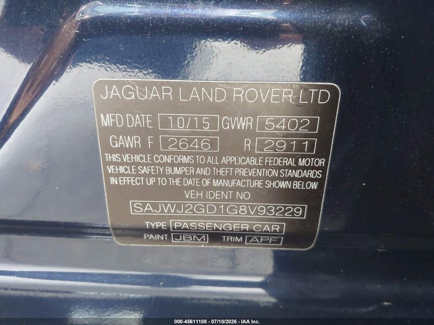2016 Jaguar Xj series VIN SAJWJ2GD1G8V93229 IAAI salvage auction — NORMAL WEAR, Clear (Tennessee), sold $1,800 on 2026-07-26 (photo 9)