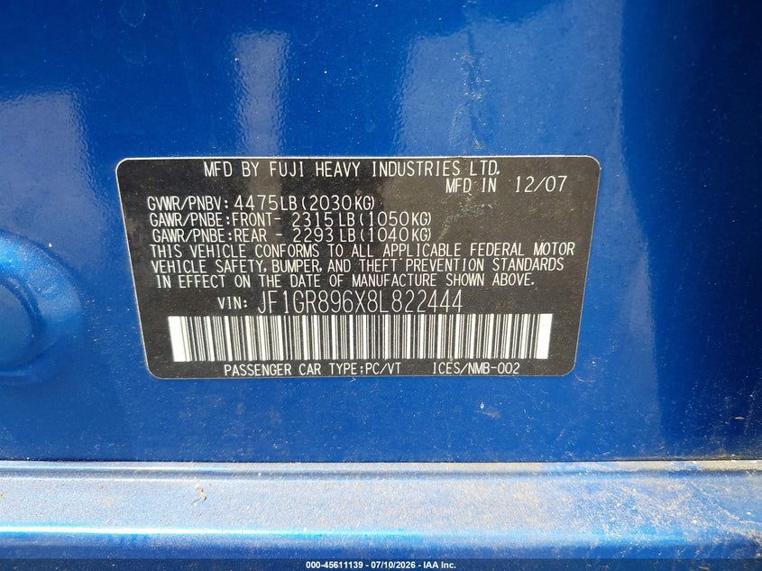 2008 Subaru Impreza VIN JF1GR896X8L822444 IAAI salvage auction — NORMAL WEAR, Clear (New Jersey), sold $550 on 2026-07-21 (photo 9)