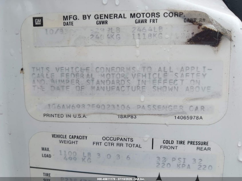1984 Cadillac Fleetwood VIN 1G6AW6982E9023106 IAAI salvage auction — NORMAL WEAR, Clear (Tennessee), sold $7,000 on 2026-07-20 (photo 9)