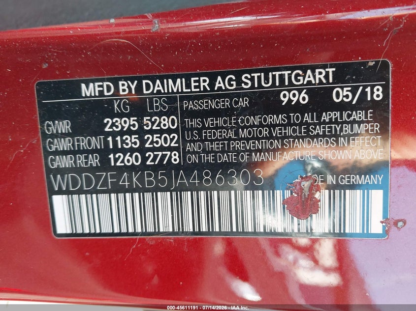 2018 Mercedes-benz E-klasse VIN WDDZF4KB5JA486303 IAAI salvage auction — FRONT END, Salvage Title, sold $7,600 on 2026-08-06 (photo 9)