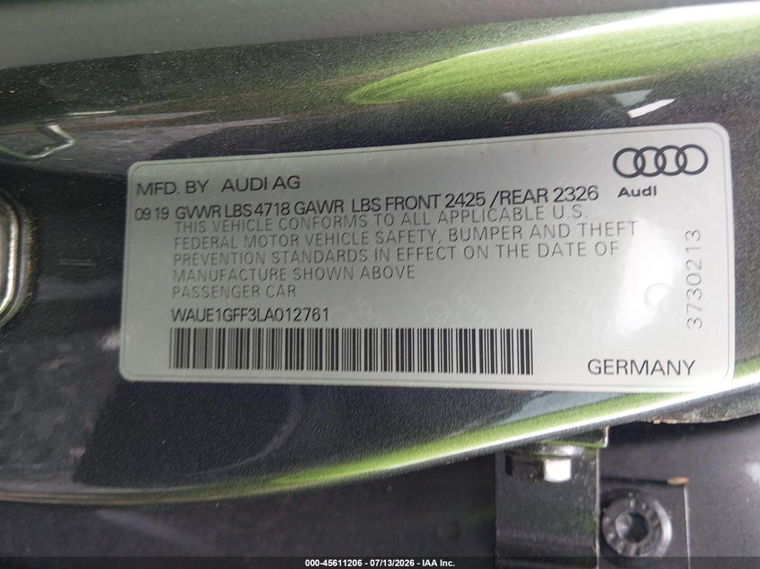 2020 Audi S3 VIN WAUE1GFF3LA012761 IAAI salvage auction — FRONT & REAR, Salvage (South Carolina), sold $10,400 on 2026-08-27 (photo 9)