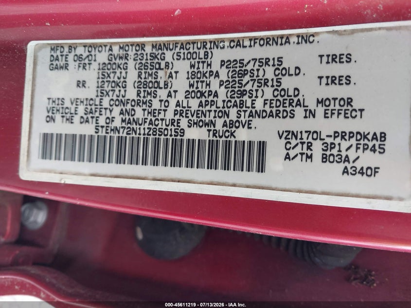 2001 Toyota Tacoma VIN 5TEHN72N11Z850159 IAAI salvage auction — NORMAL WEAR, Clear (Florida), sold $4,850 on 2026-07-23 (photo 9)