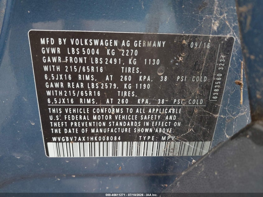 2017 Volkswagen Tiguan VIN WVGBV7AX1HK008084 IAAI salvage auction — NORMAL WEAR, Original (West Virginia), sold $1,675 on 2026-07-28 (photo 9)