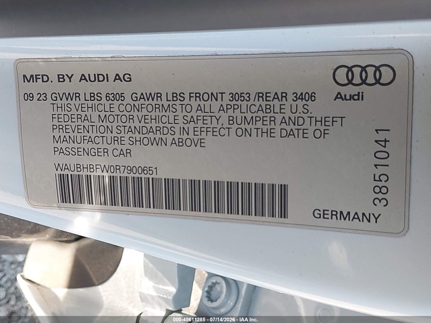 2024 Audi Rs e-tron gt VIN WAUBHBFW0R7900651 IAAI salvage auction — UNDERCARRIAGE, Mv-907A (New York), sold $40,750 on 2026-09-10 (photo 9)