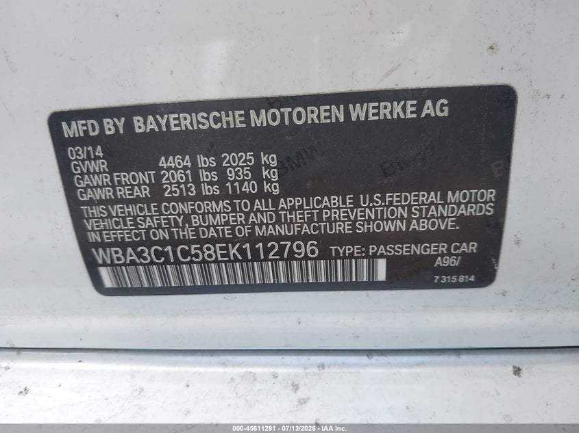 2014 BMW 3er VIN WBA3C1C58EK112796 IAAI salvage auction — MECHANICAL, Wait Title, sold $400 on 2026-08-04 (photo 9)