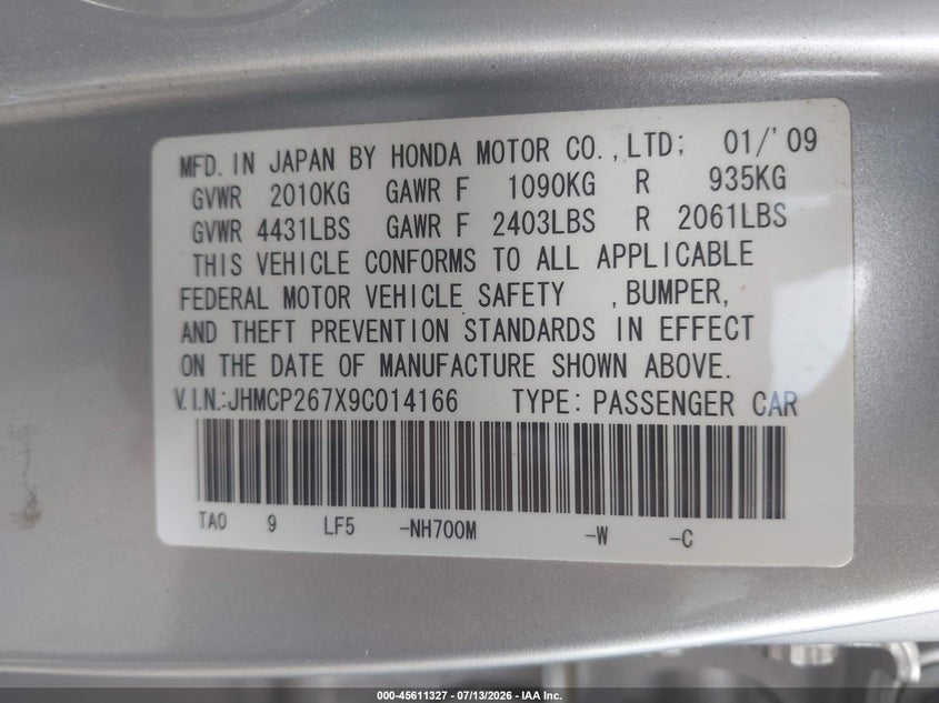 2009 Honda Accord VIN JHMCP267X9C014166 IAAI salvage auction — NORMAL WEAR, Clear - Dealer Only (California), sold $100 on 2026-07-21 (photo 9)