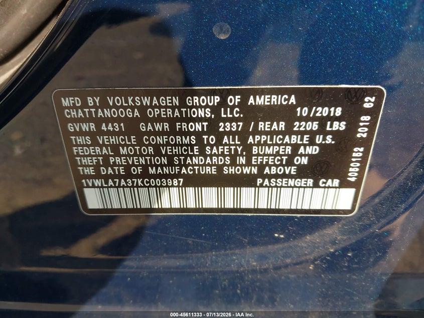 2019 Volkswagen Passat VIN 1VWLA7A37KC003987 IAAI salvage auction — FRONT END, Salvage Title, sold $2,175 on 2026-08-19 (photo 9)