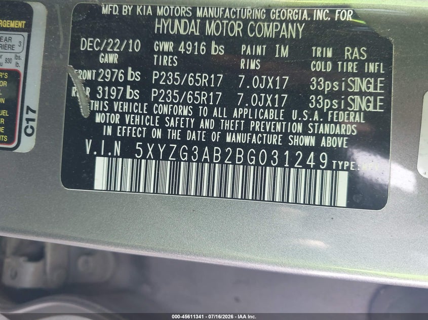 2011 Hyundai Santa fe VIN 5XYZG3AB2BG031249 IAAI salvage auction — NORMAL WEAR, Clear - Public Restricted (Oklahoma), sold $550 on 2026-07-28 (photo 9)