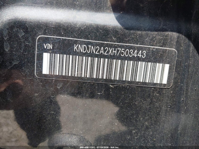 2017 Kia Soul VIN KNDJN2A2XH7503443 IAAI salvage auction — NORMAL WEAR, Salvage Title, sold $25 on 2026-07-29 (photo 9)
