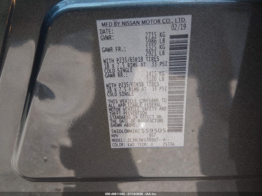 2019 Infiniti Qx60 VIN 5N1DL0MM2KC559505 IAAI salvage auction — SIDE, Mv-907A (New York), sold $3,400 on 2026-07-29 (photo 9)