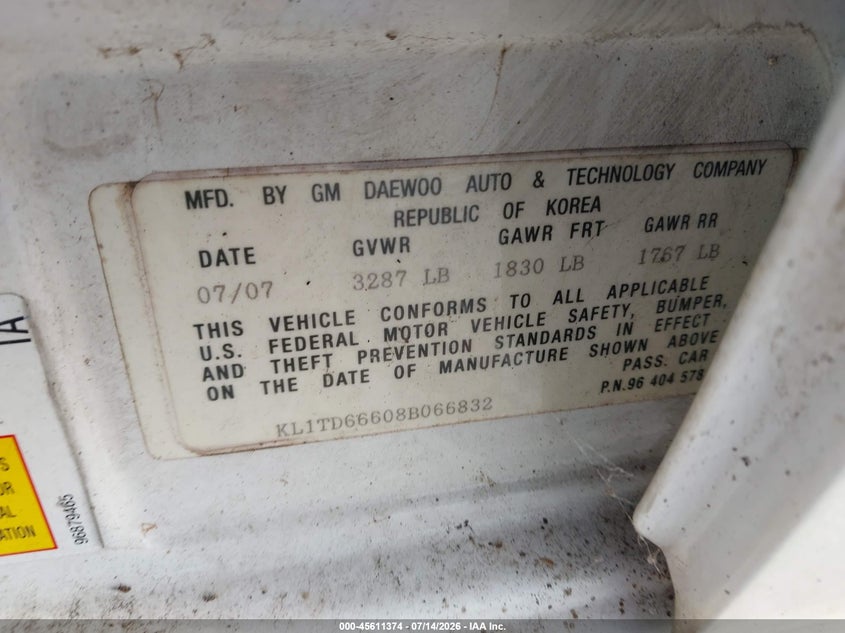 2008 Chevrolet Aveo VIN KL1TD66608B066832 IAAI salvage auction — NORMAL WEAR, Clear, sold $275 on 2026-07-23 (photo 9)