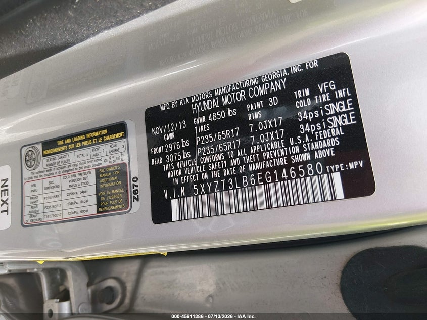 2014 Hyundai VIN 5XYZT3LB6EG146580 IAAI salvage auction — LEFT SIDE, Salvage Title, sold $1,250 on 2026-07-30 (photo 9)