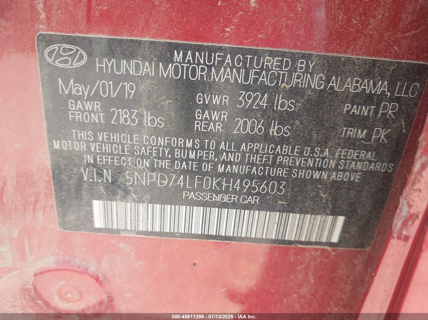 2019 Hyundai Elantra VIN 5NPD74LF0KH495603 IAAI salvage auction — ROLLOVER, Salvage (Arkansas), sold $500 on 2026-08-03 (photo 9)