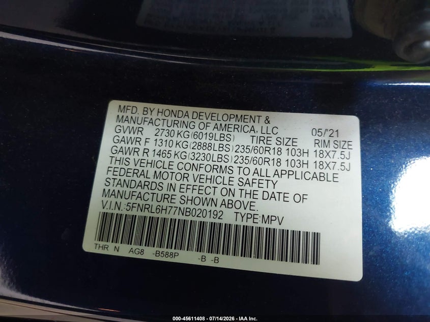2022 Honda Odyssey VIN 5FNRL6H77NB020192 IAAI salvage auction — LEFT FRONT, Salvage Title, sold $7,800 on 2026-07-29 (photo 9)