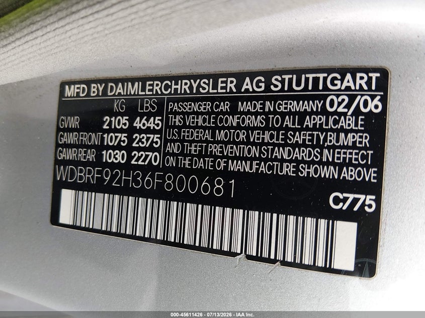2006 Mercedes-benz C class VIN WDBRF92H36F800681 IAAI salvage auction — NORMAL WEAR, Clear (North Carolina), sold $325 on 2026-07-29 (photo 9)