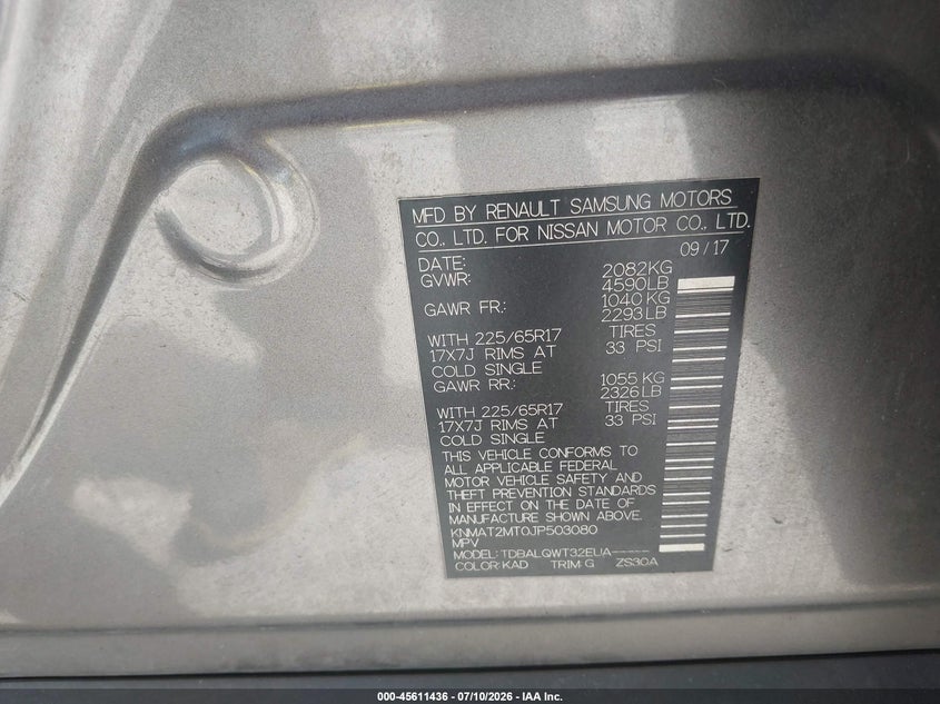 2018 Nissan Rogue VIN KNMAT2MT0JP503080 IAAI salvage auction — NORMAL WEAR, Salvage Title, sold $4,500 on 2026-07-25 (photo 9)