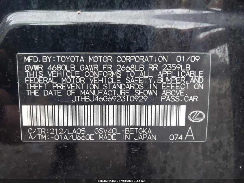 2009 Lexus Es 350 VIN JTHBJ46G692310929 IAAI salvage auction — NORMAL WEAR, Clear (Florida), sold $450 on 2026-07-28 (photo 9)
