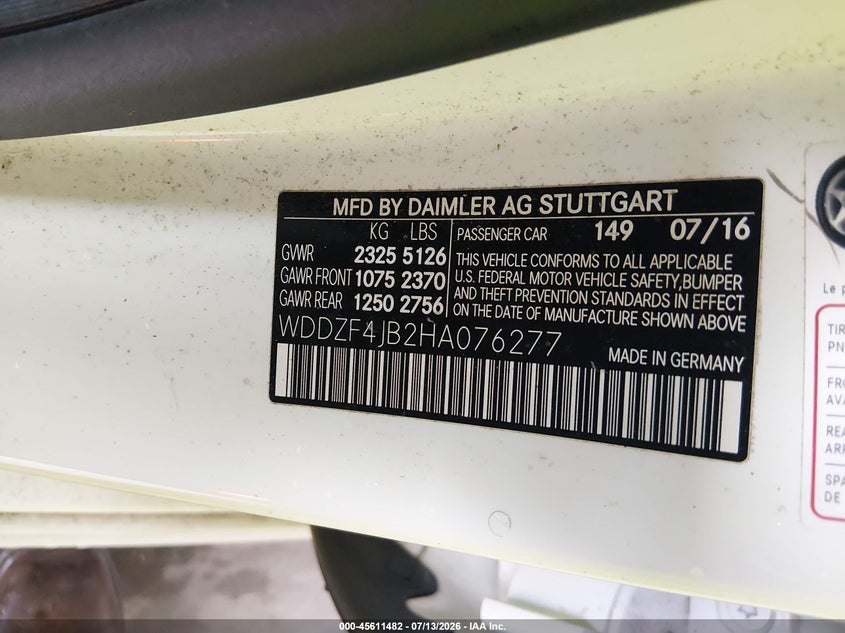 2017 Mercedes-benz VIN WDDZF4JB2HA076277 IAAI salvage auction — WATER/FLOOD, Wait Title, sold $7,550 on 2026-08-07 (photo 9)