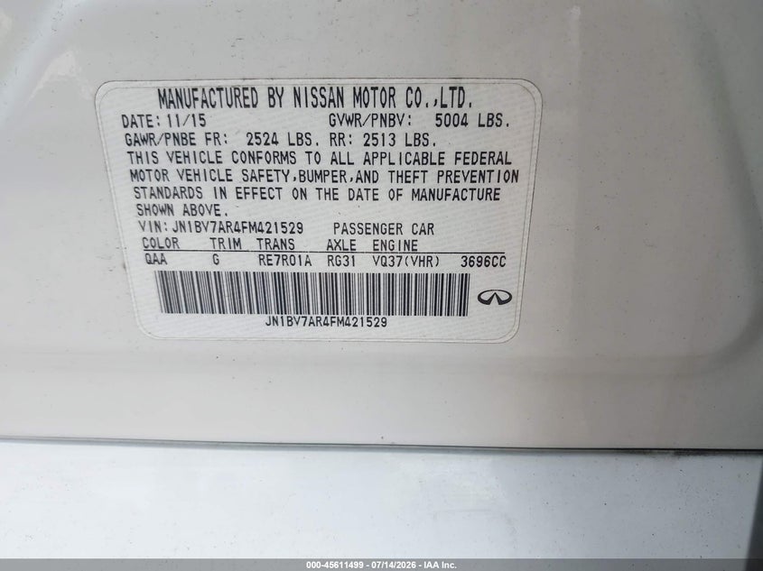 2015 Infiniti Q50 VIN JN1BV7AR4FM421529 IAAI salvage auction — REAR END, Salvage Title, sold $1,050 on 2026-07-28 (photo 9)