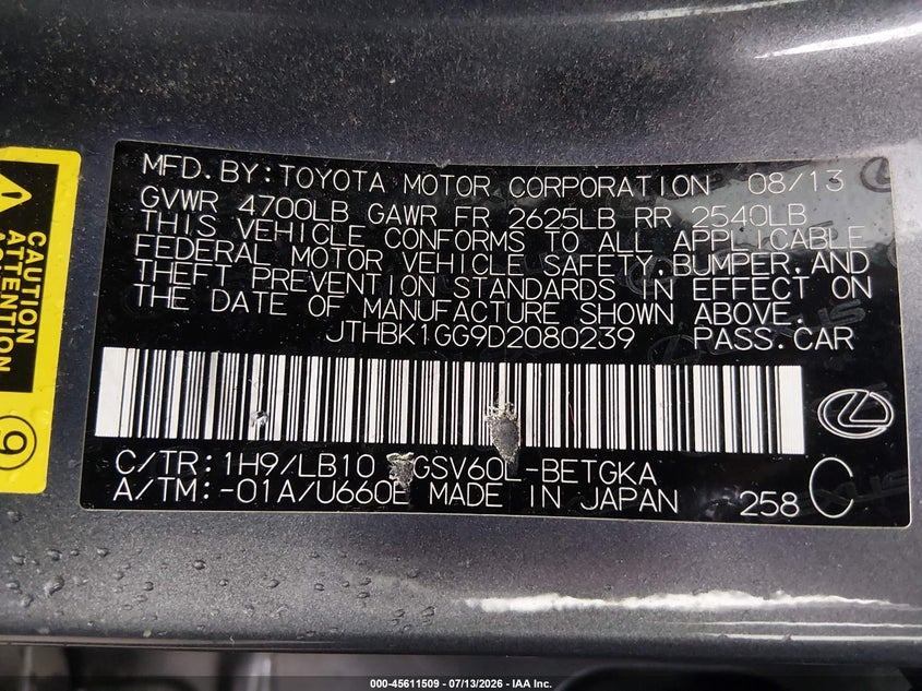 2013 Lexus ES VIN JTHBK1GG9D2080239 IAAI salvage auction — NORMAL WEAR, Clear (Georgia), sold $1,450 on 2026-07-23 (photo 9)