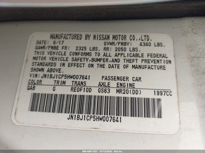 2017 Nissan Rogue VIN JN1BJ1CP5HW007641 IAAI salvage auction — NORMAL WEAR, Clear (Maryland), sold $2,025 on 2026-07-28 (photo 9)