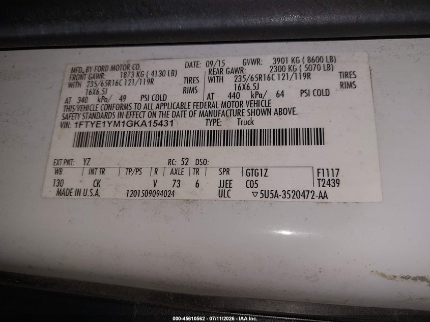 2016 Ford Transit 150 VIN 1FTYE1YM1GKA15431 IAAI salvage auction — REAR END, Sf97 (New York), sold $13,325 on 2026-08-20 (photo 9)