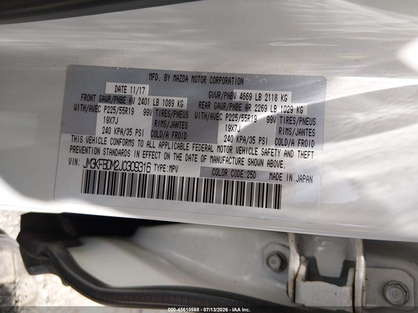 2018 Mazda Cx-5 VIN JM3KFBDM2J0309316 IAAI salvage auction — FRONT END, Wait Title, sold $3,250 on 2026-08-02 (photo 9)