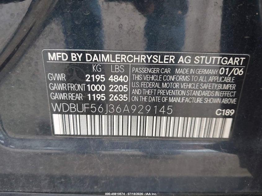 2006 Mercedes-benz E-class VIN WDBUF56J36A929145 IAAI salvage auction — FRONT END, Salvage (New Jersey), sold $425 on 2026-08-18 (photo 9)