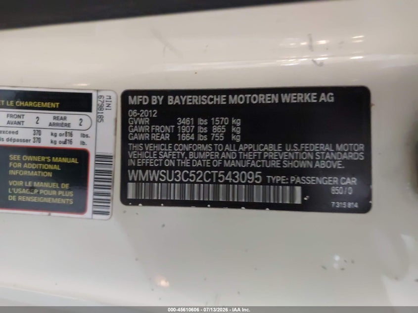 2012 Mini Cooper VIN WMWSU3C52CT543095 IAAI salvage auction — RIGHT FRONT, Rebuildable (Florida), sold $550 on 2026-08-05 (photo 9)
