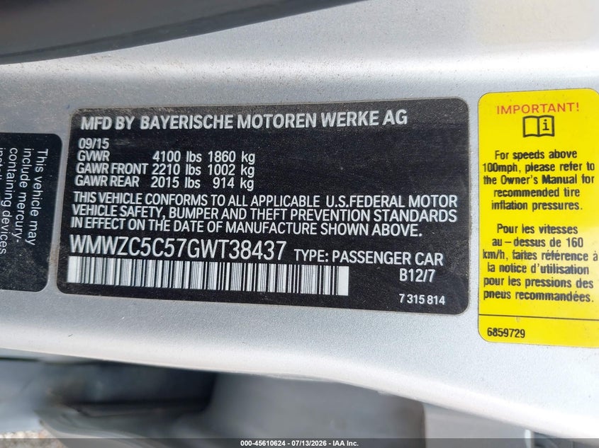 2016 Mini Countryman VIN WMWZC5C57GWT38437 IAAI salvage auction — NORMAL WEAR, Original (Texas), sold $325 on 2026-07-29 (photo 9)