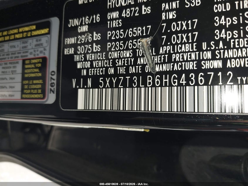 2017 Hyundai Santa fe VIN 5XYZT3LB6HG436712 IAAI salvage auction — REAR END, Clear (New York), sold $25 on 2026-07-21 (photo 9)