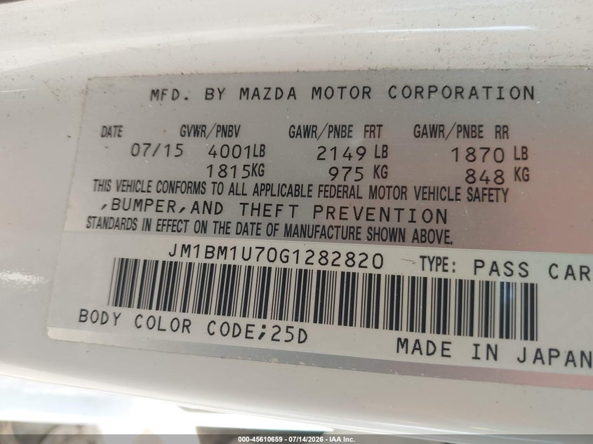 2016 Mazda 3 VIN JM1BM1U70G1282820 IAAI salvage auction — ALL OVER, Salvage (Pennsylvania), sold $25 on 2026-07-24 (photo 9)