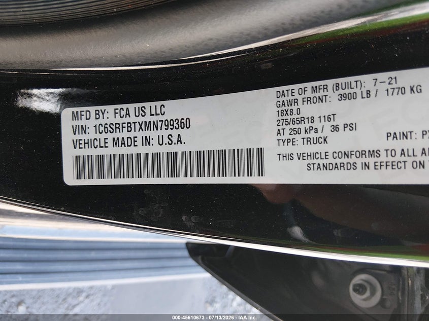2021 Ram 1500 VIN 1C6SRFBTXMN799360 IAAI salvage auction — FRONT END, Salvage Title, sold $8,100 on 2026-08-20 (photo 9)