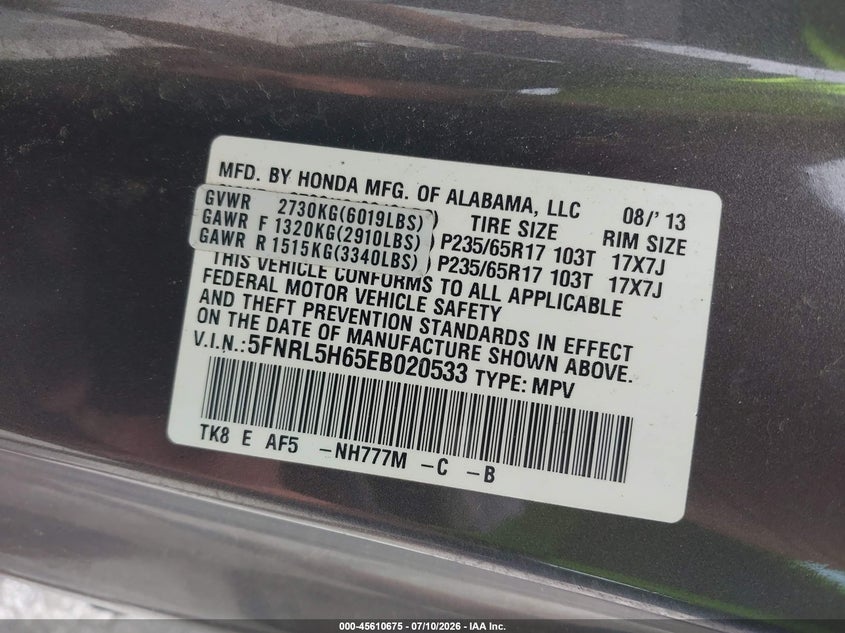 2014 Honda Odyssey VIN 5FNRL5H65EB020533 IAAI salvage auction — NORMAL WEAR, Clear (Illinois), sold $1,450 on 2026-07-27 (photo 9)