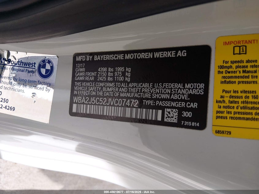 2018 BMW 2er VIN WBA2J5C52JVC07472 IAAI salvage auction — RIGHT SIDE, Original (Texas), sold $12,950 on 2026-09-04 (photo 9)