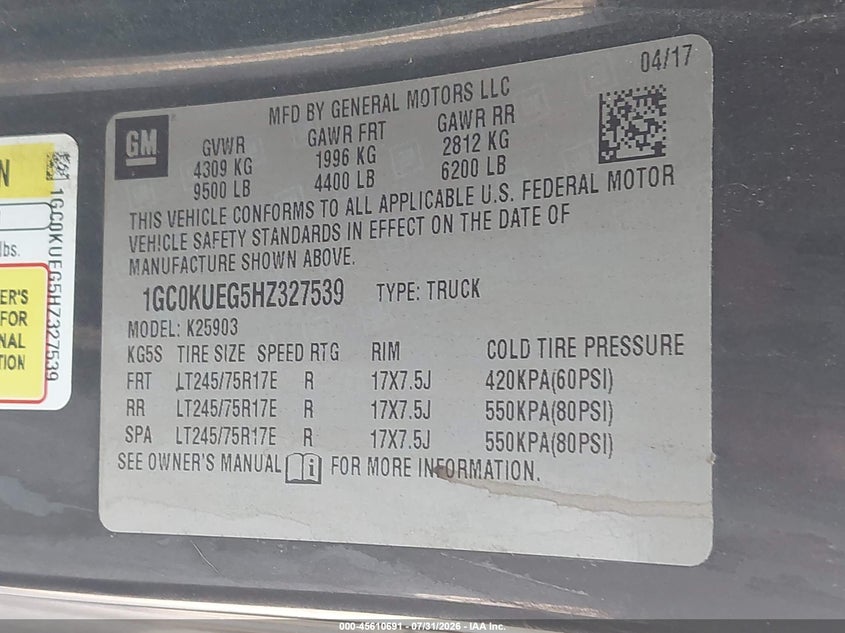 2017 Chevrolet Silverado 2500 VIN 1GC0KUEG5HZ327539 IAAI salvage auction — FRONT END, Sf97 (Mississippi), sold $5,600 on 2026-09-09 (photo 9)