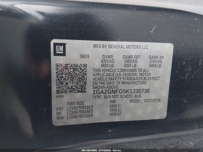 2019 Chevrolet VIN 1GAZGNFG5K1330730 IAAI salvage auction — NORMAL WEAR, Sf97 (Washington), sold $11,850 on 2026-09-09 (photo 9)