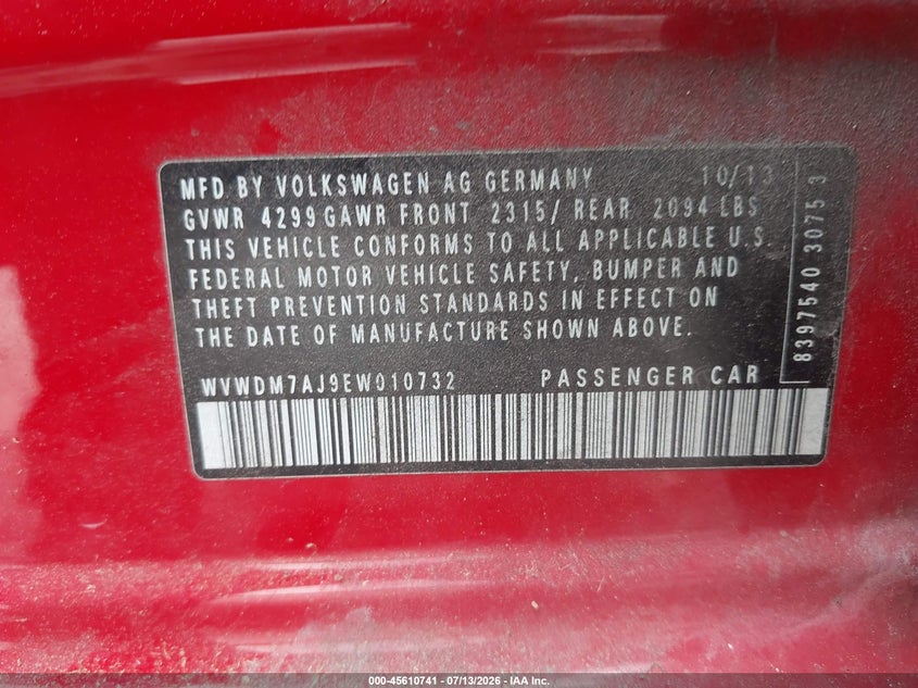 2014 Volkswagen Golf VIN WVWDM7AJ9EW010732 IAAI salvage auction — NORMAL WEAR, Salvage Title, sold $5,350 on 2026-08-11 (photo 9)