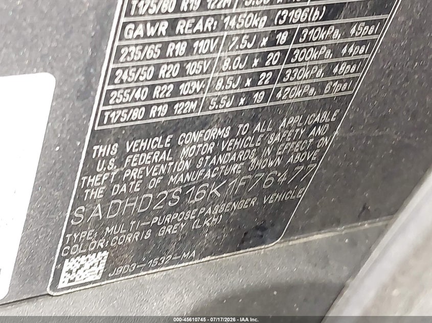 2019 Jaguar I-pace VIN SADHD2S16K1F76477 IAAI salvage auction — LEFT FRONT, Salvage Title, sold $8,100 on 2026-07-31 (photo 9)