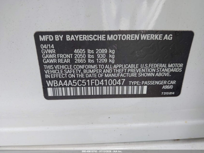 2015 BMW 4er VIN WBA4A5C51FD410047 IAAI salvage auction — ALL OVER, Salvage (Georgia), sold $5,050 on 2026-08-11 (photo 9)