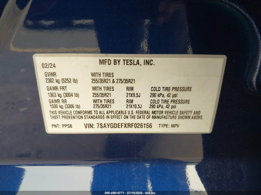 2024 Tesla Model y VIN 7SAYGDEFXRF026156 IAAI salvage auction — REAR END, Salvage (Connecticut), sold $11,100 on 2026-08-02 (photo 9)