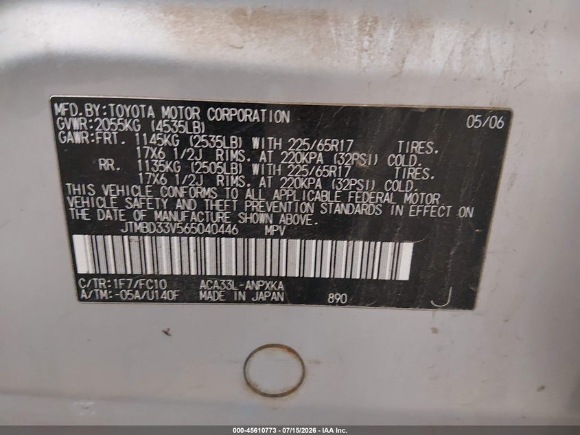 2006 Toyota Rav4 VIN JTMBD33V565040446 IAAI salvage auction — NORMAL WEAR, Clear (Minnesota), sold $325 on 2026-07-28 (photo 9)