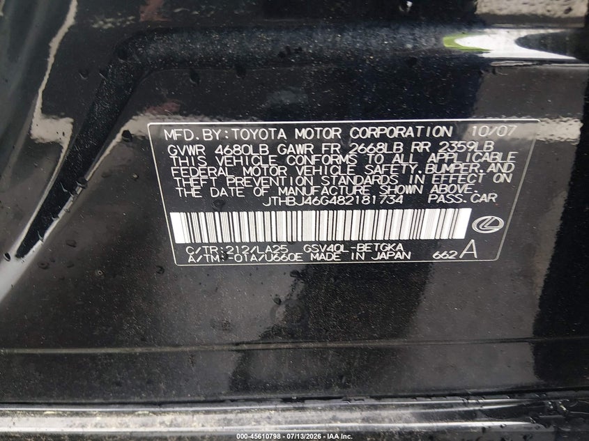 2008 Lexus ES VIN JTHBJ46G482181734 IAAI salvage auction — FRONT END, Salvage (North Carolina), sold $750 on 2026-07-31 (photo 9)