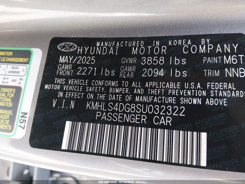 2025 Hyundai Elantra VIN KMHLS4DG8SU032322 IAAI salvage auction — REAR END, Salvage Title, sold $14,050 on 2026-07-17 (photo 9)