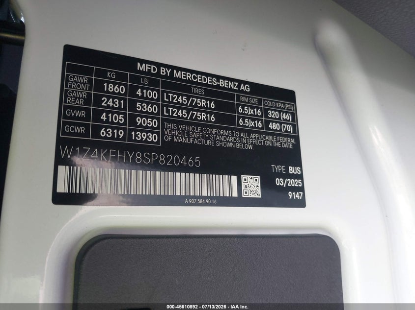 2025 Mercedes-benz Sprinter VIN W1Z4KFHY8SP820465 IAAI salvage auction — SIDE, Enterprise Vehicles Clear Only (Virginia), sold $30,000 on 2026-07-17 (photo 9)