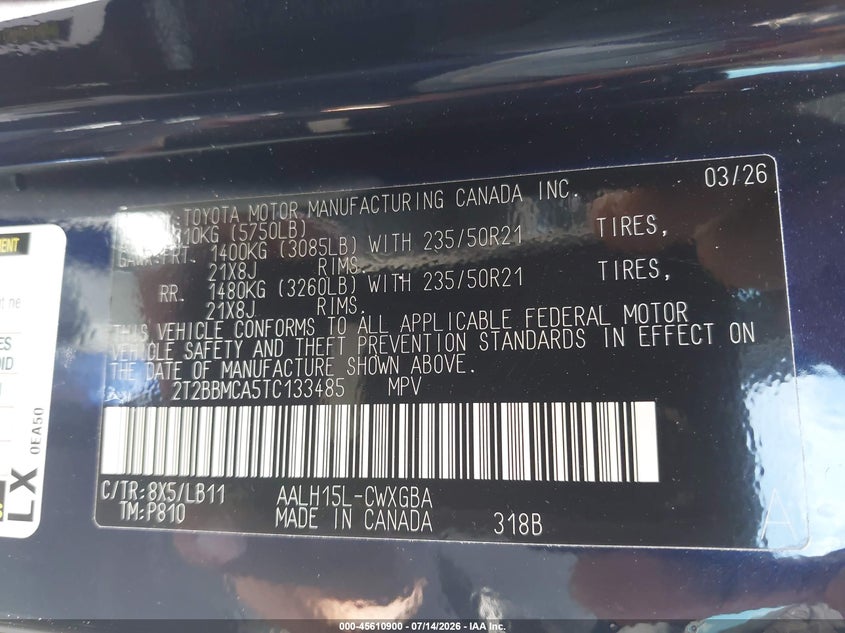 2026 Lexus Rx VIN 2T2BBMCA5TC133485 IAAI salvage auction — FRONT END, Wait Title, sold $5,100 on 2026-08-24 (photo 9)