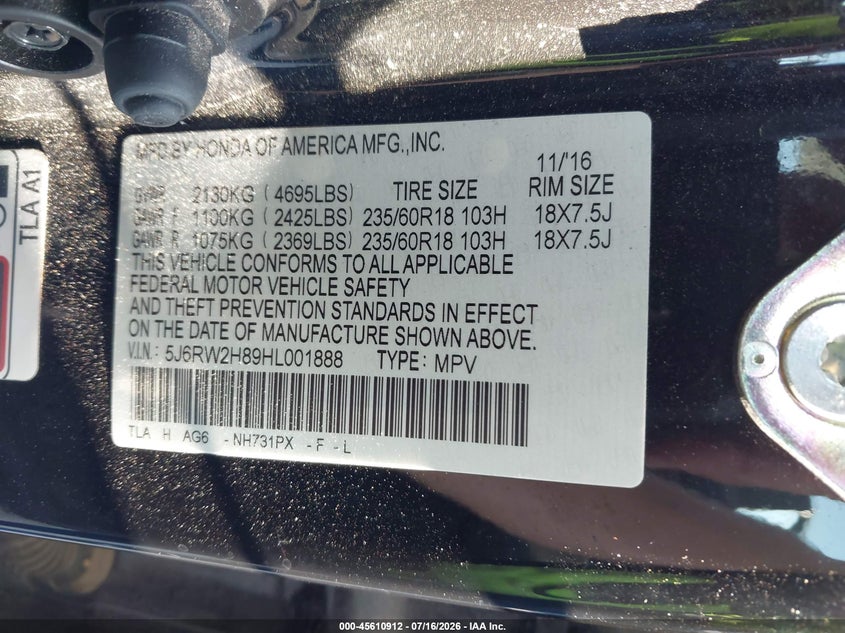 2017 Honda Cr-v VIN 5J6RW2H89HL001888 IAAI salvage auction — HAIL, Salvage (Nebraska), sold $7,000 on 2026-07-30 (photo 9)