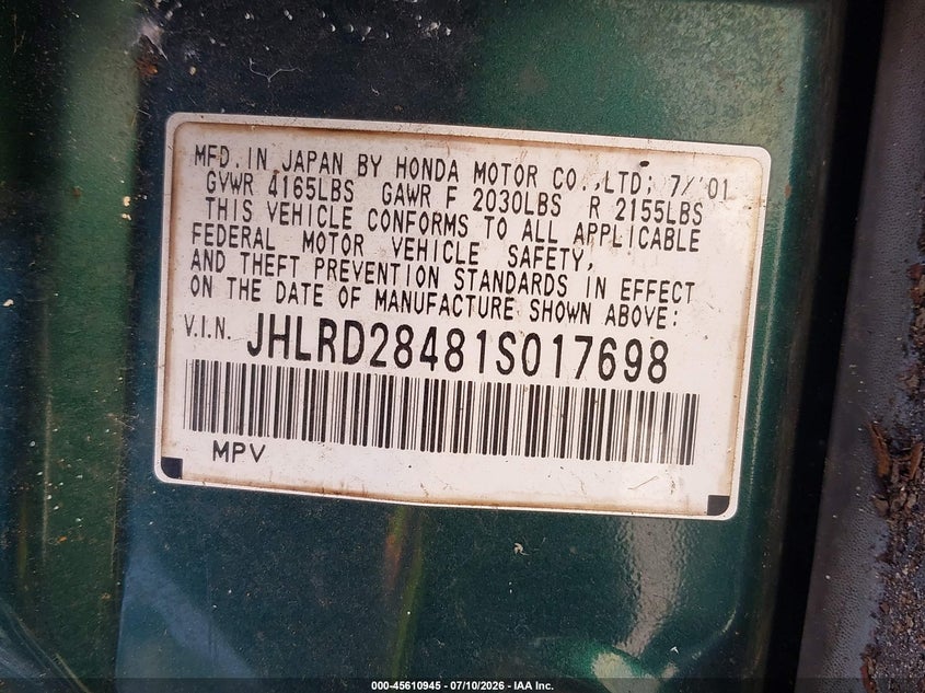 2001 Honda Cr-v VIN JHLRD28481S017698 IAAI salvage auction — NORMAL WEAR, Clear (Florida), sold $550 on 2026-07-29 (photo 9)