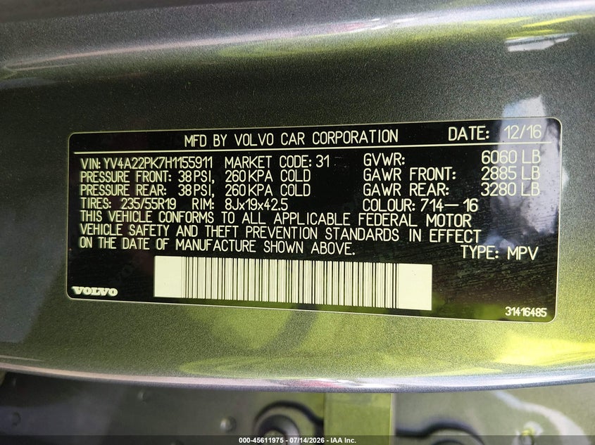 2017 Volvo Xc90 VIN YV4A22PK7H1155911 IAAI salvage auction — REAR END, Salvage (Tennessee), sold $6,000 on 2026-08-08 (photo 9)